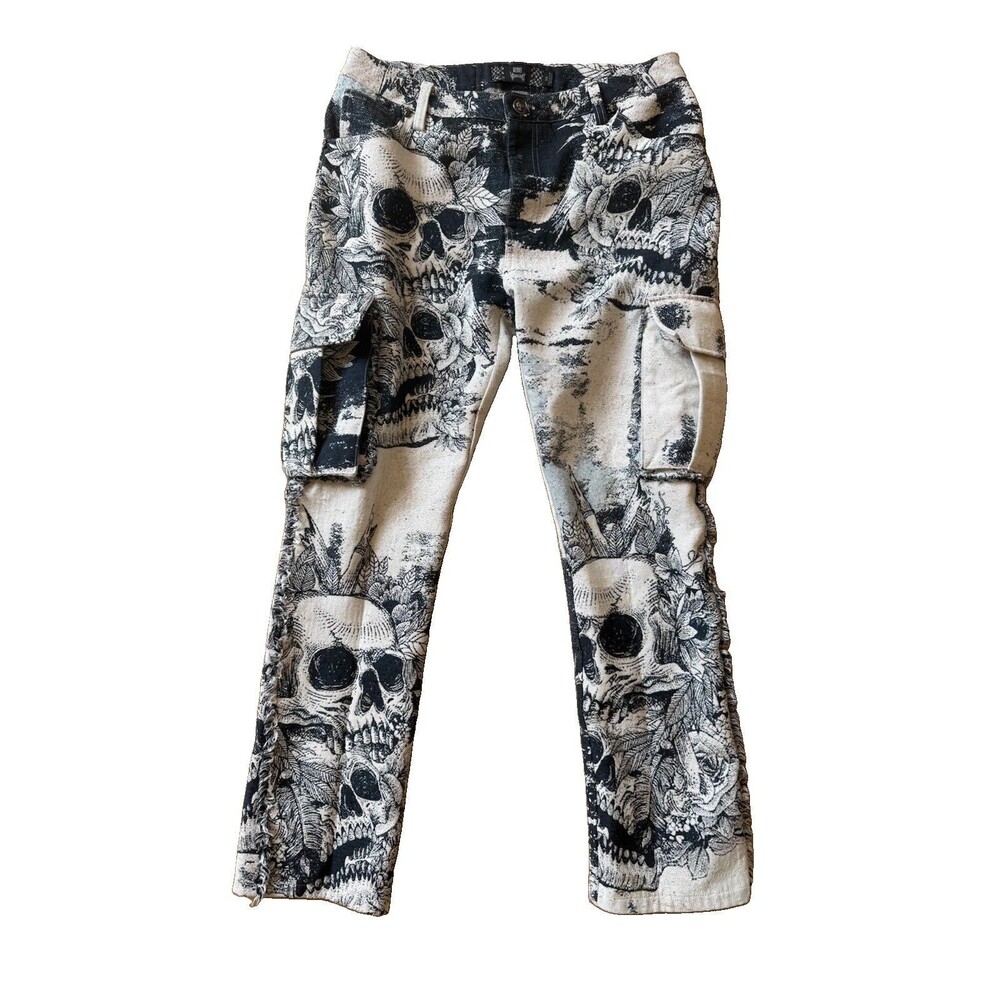 Rebel Vengeance Pants Mens 34 Skull Tapestry Floral Cargo Goth Fringe Streetwear